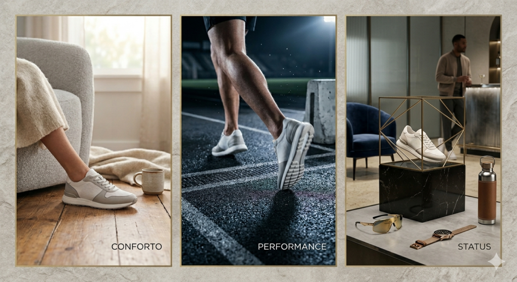 
Lyfestyle define o comportamento do consumidor e é visto quando  aplicado na prática, quando o mesmo produto, no caso, um tenis, é aplicado em vários cenários totalmente diferentes, como: Conforto, performance Status.