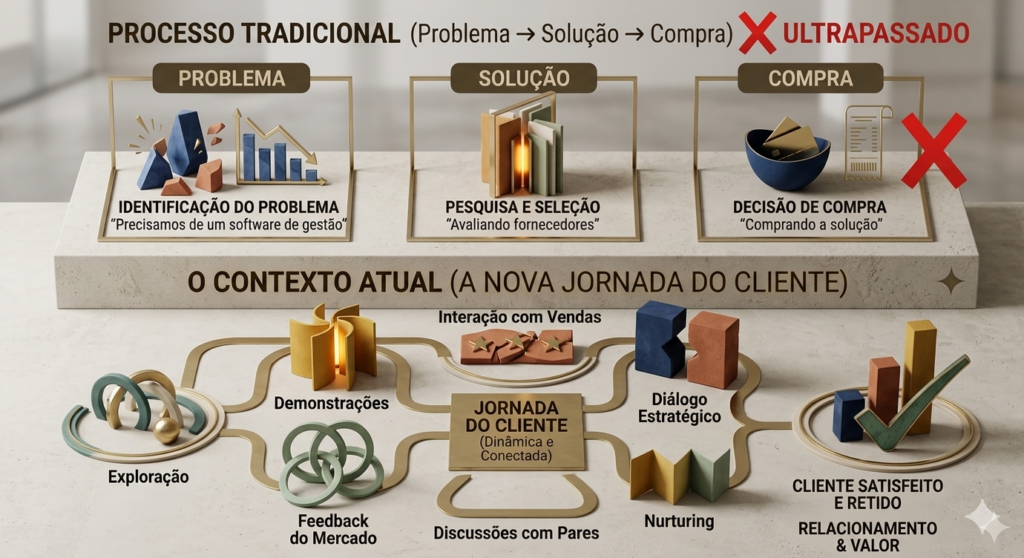 jornada do consumidor antiga vs a nova jornada do consumidor - Jornada antiga: problema solução e compra . Nova jornada de compra do consumidor: Exploração, demosntração feedback do mercado, inspiração com vendas, discução com pares, dialogo estratégico, avaliação de atendimento e compra.